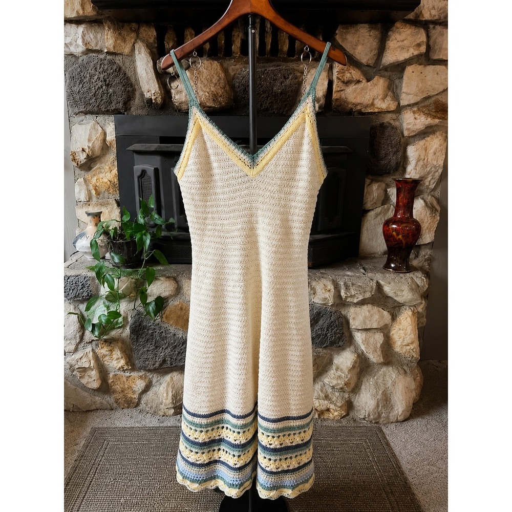 Universal Thread Crochet Knit Midi Dress Cream Striped Cotton Boho Large